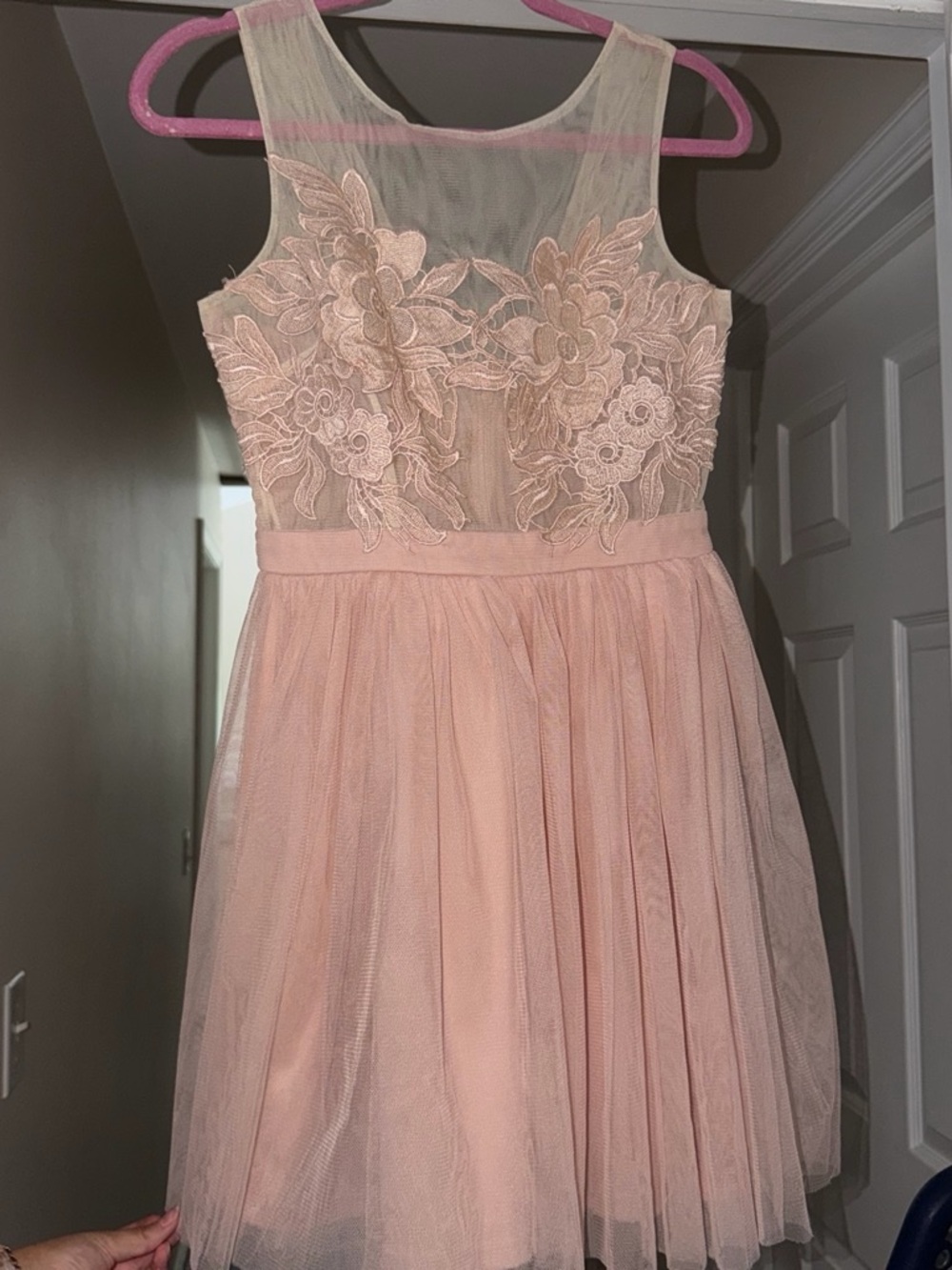 Sleeveless Blush Pink Floral Appliqué Tulle Mini Dress